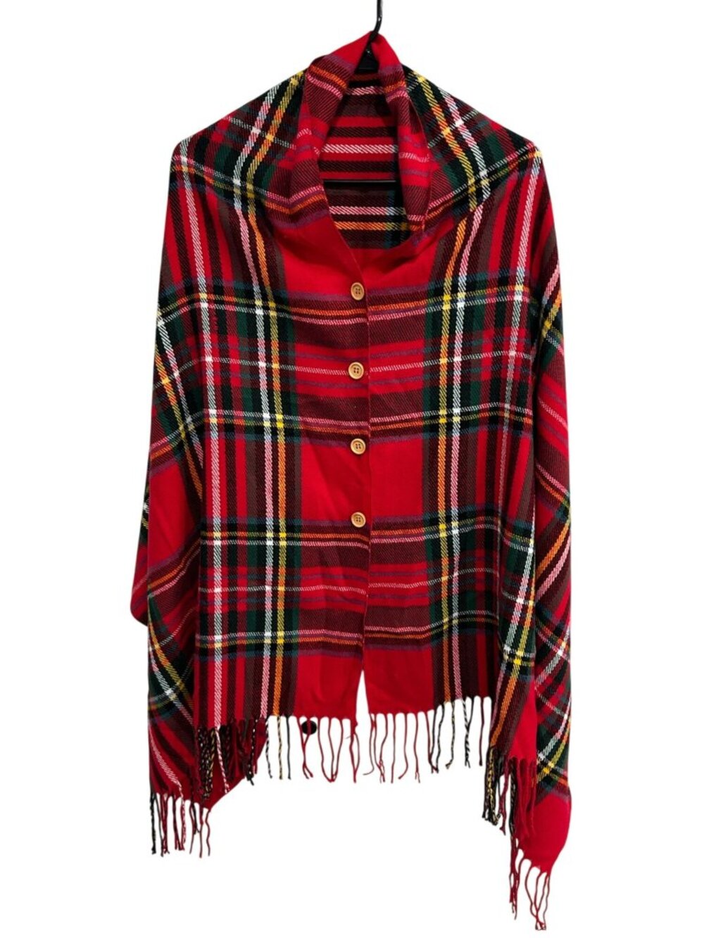 Top It Off Red Plaid Buttoned Poncho Shawl Wrap Fringe Acrylic Timeless Style